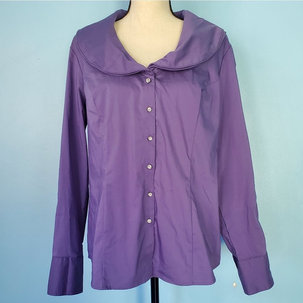 Soft Surroundings Purple Moldable Layered Collar Long Sleeve Button Up Shirt